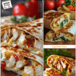 Close-up of a cheesy garlic chicken wrap sliced diagonally showing tender chicken and melted cheese.